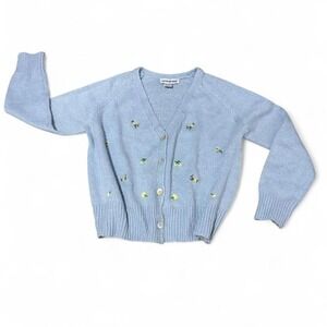 Light Blue cardigan with yellow flower mother of pearl button up long sleeves